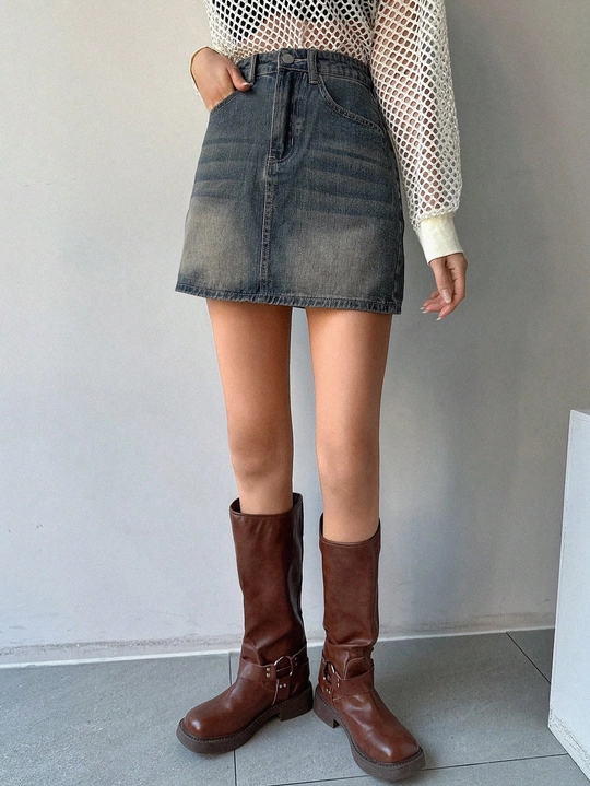 High Waist Vintage Dark Wash Denim A-Line Skirt view 1
