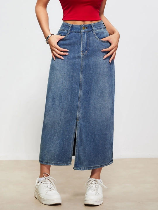 Slit Denim A-Line Skirt