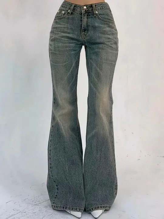 [ High Stretch ] High Waist Vintage Medium Wash Rivet-Embellished Flare Leg Jeans