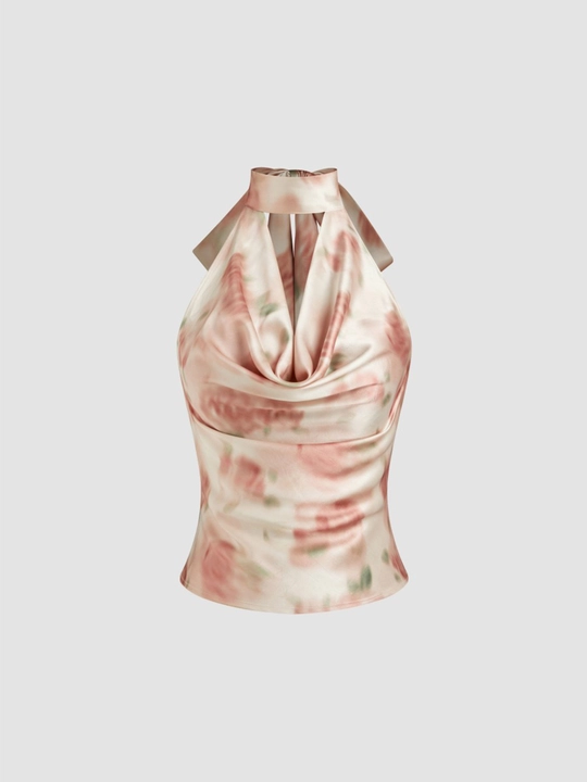 Abstract Floral Satin Halter Top