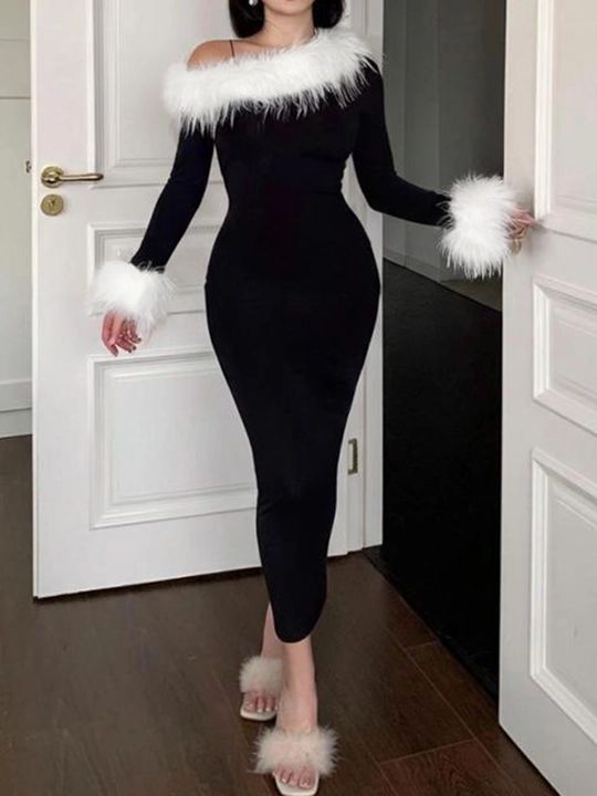 bodycon dress with fur Faux Fur Hem Bodycon Slip Dress – Frankie Demo Store main image 1