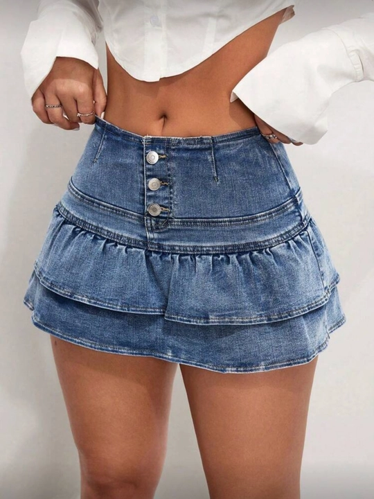 [ High Stretch ] High Waist Medium Wash Ruffle Denim Slit Skirt