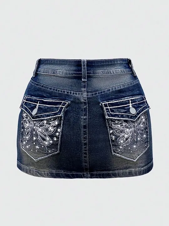 Embroidered Denim Straight Skirt