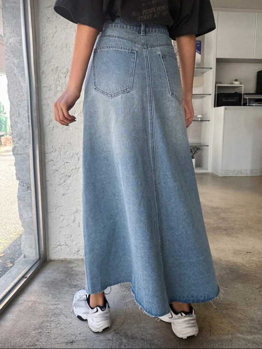 High Waist Light Wash Raw Hem Denim A-Line Skirt view 2